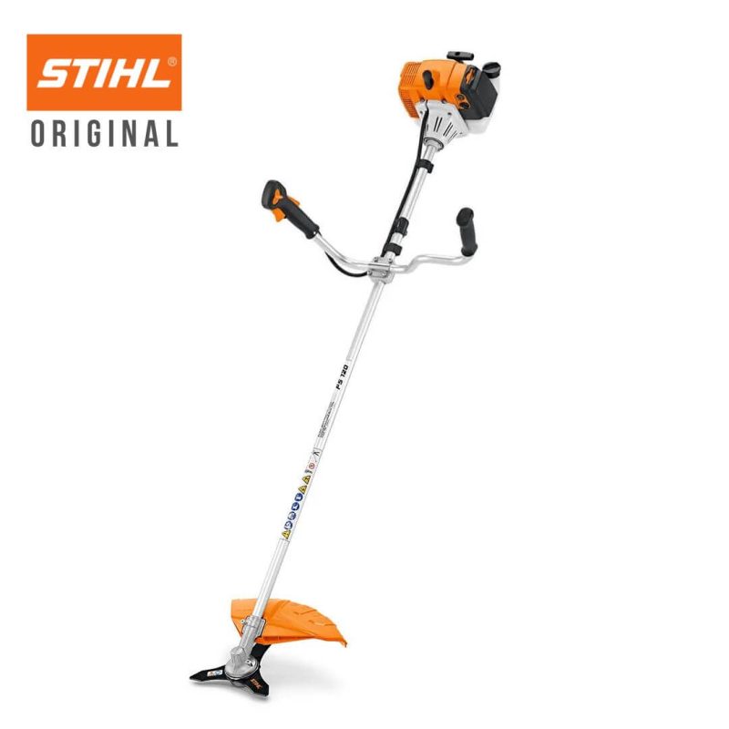 Roçadeira Stihl FS 120 a gasolina, com guidão multifuncional e sistema antivibratório, ideal para corte de vegetação densa.