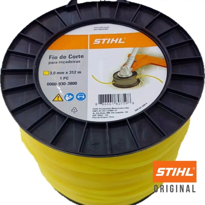 Fio de Nylon Para Roçadeira 3mm quadrado STIHL, bobina de 312m amarelo, ideal para cortes precisos e duráveis em capim e vegetação.