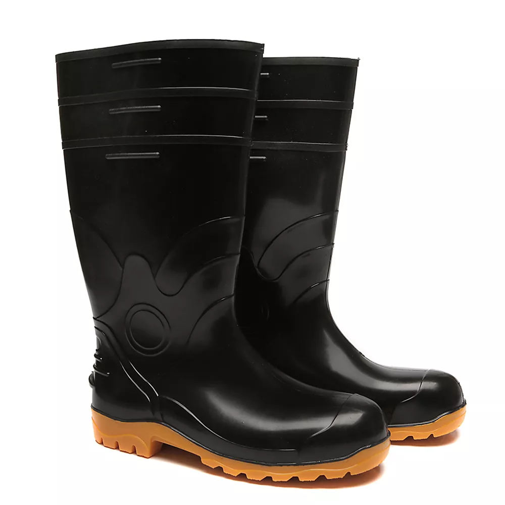 Bota PVC Bracol Acqualev Cano Longo preta com sola amarela – calçado de segurança impermeável para uso profissional em ambientes industriais e químicos