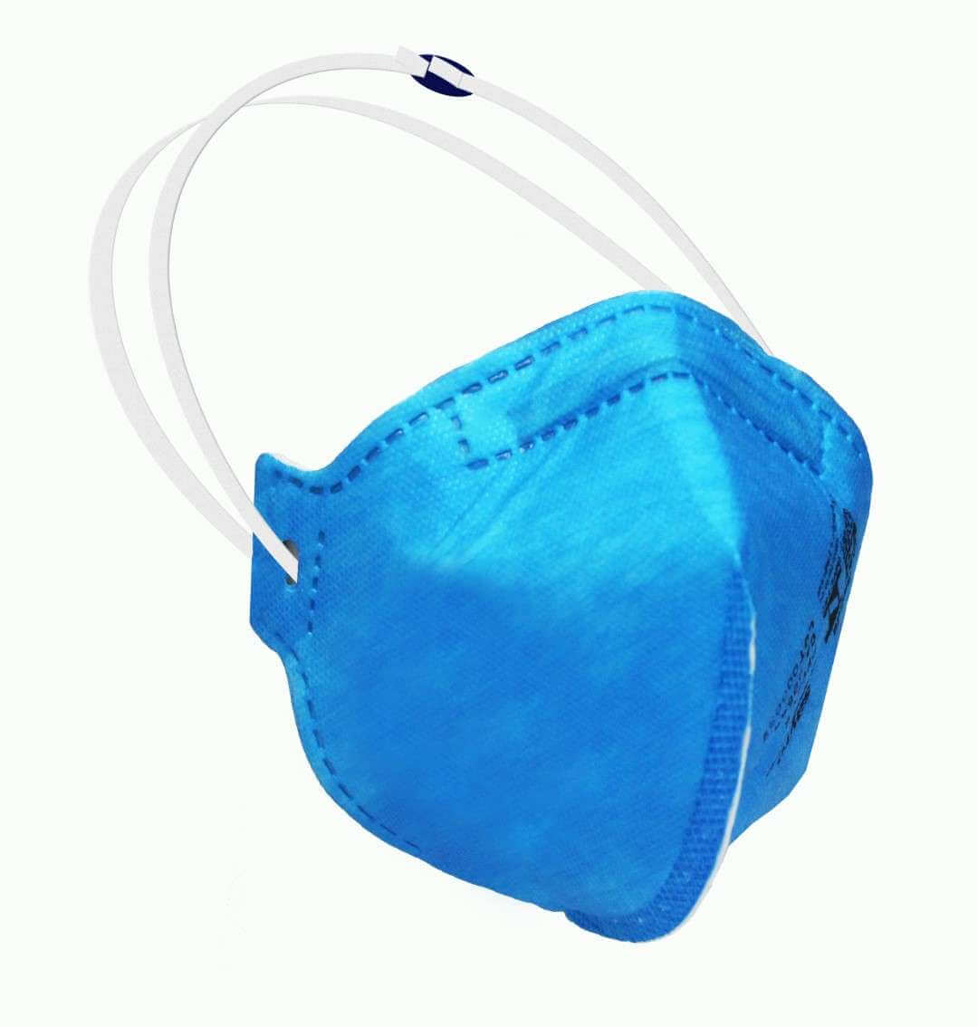 Máscara descatável respiratória PFF2-S azul com elásticos brancos, modelo de proteção individual contra poeiras, névoas e fumos